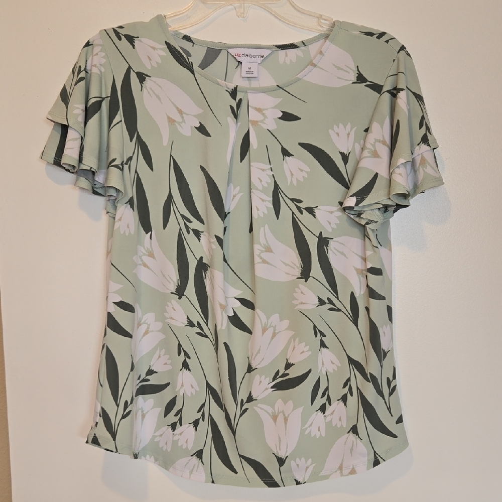 Liz Claiborne Sage Green Spring Easter Floral Flutter Sleeve Blouse